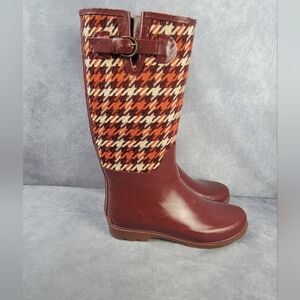 Banana Republic Women’s Houndstooth Rainboots Size 9 Maroon Orange‎ Tweed EUC